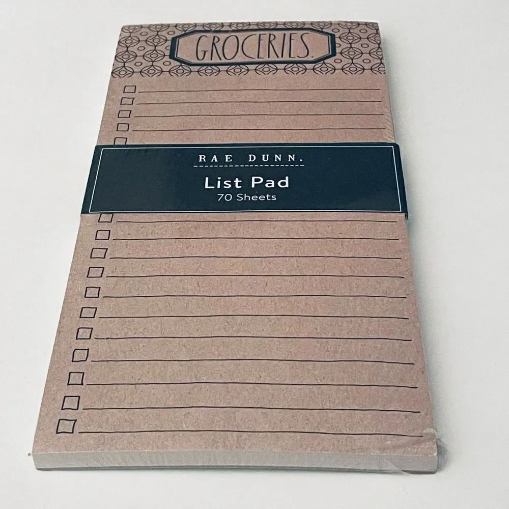 NWT Rae Dunn Tan GROCERIES Notepad with Printed ruled checklist spaces 70 Sheets